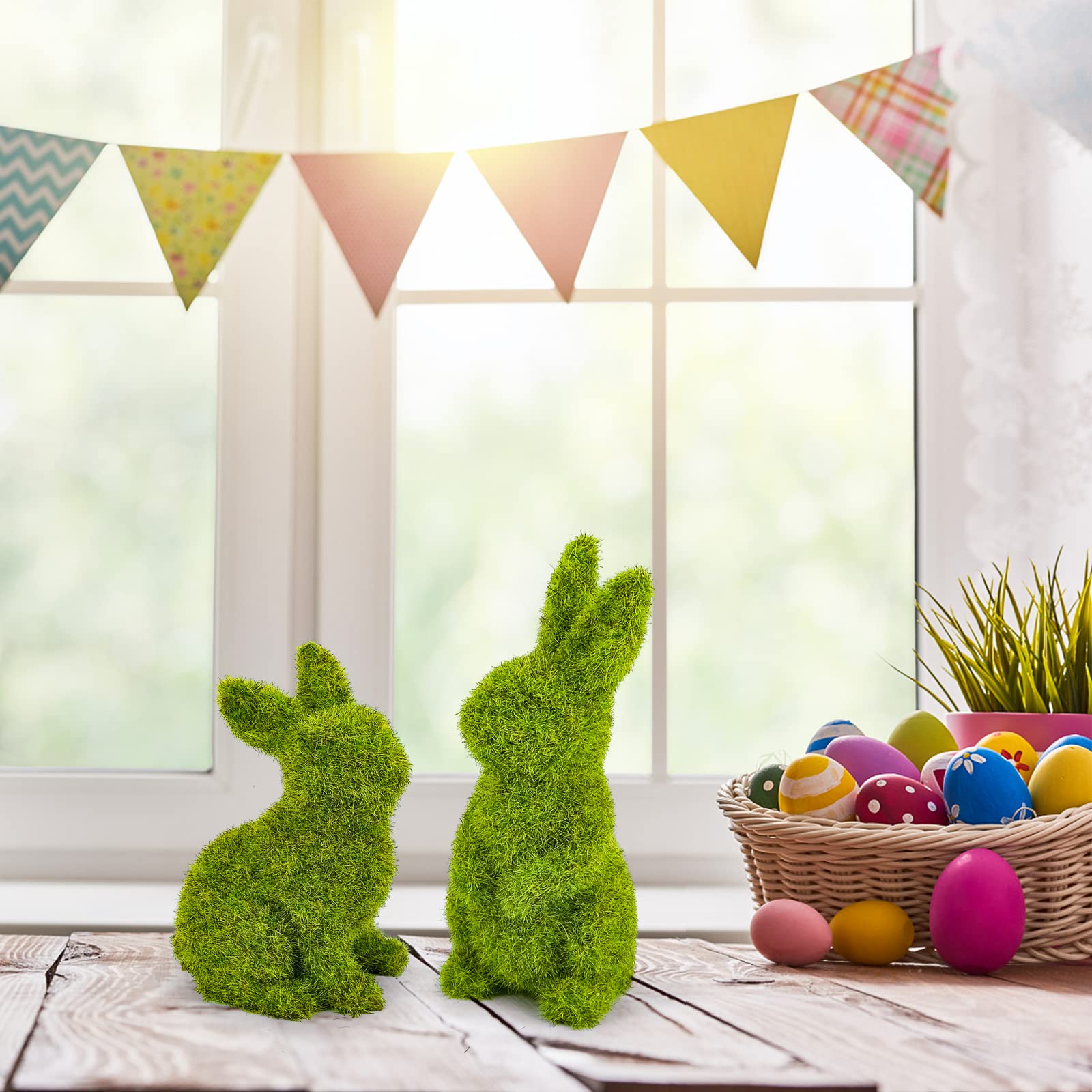 MicoSim Easter Bunny Decorations,Resin Moss Bunny Figurine,Garden Artificial Moss Rabbit Easter Décor Easter Party Favors Gifts(Medium-2pcs) - Image 5