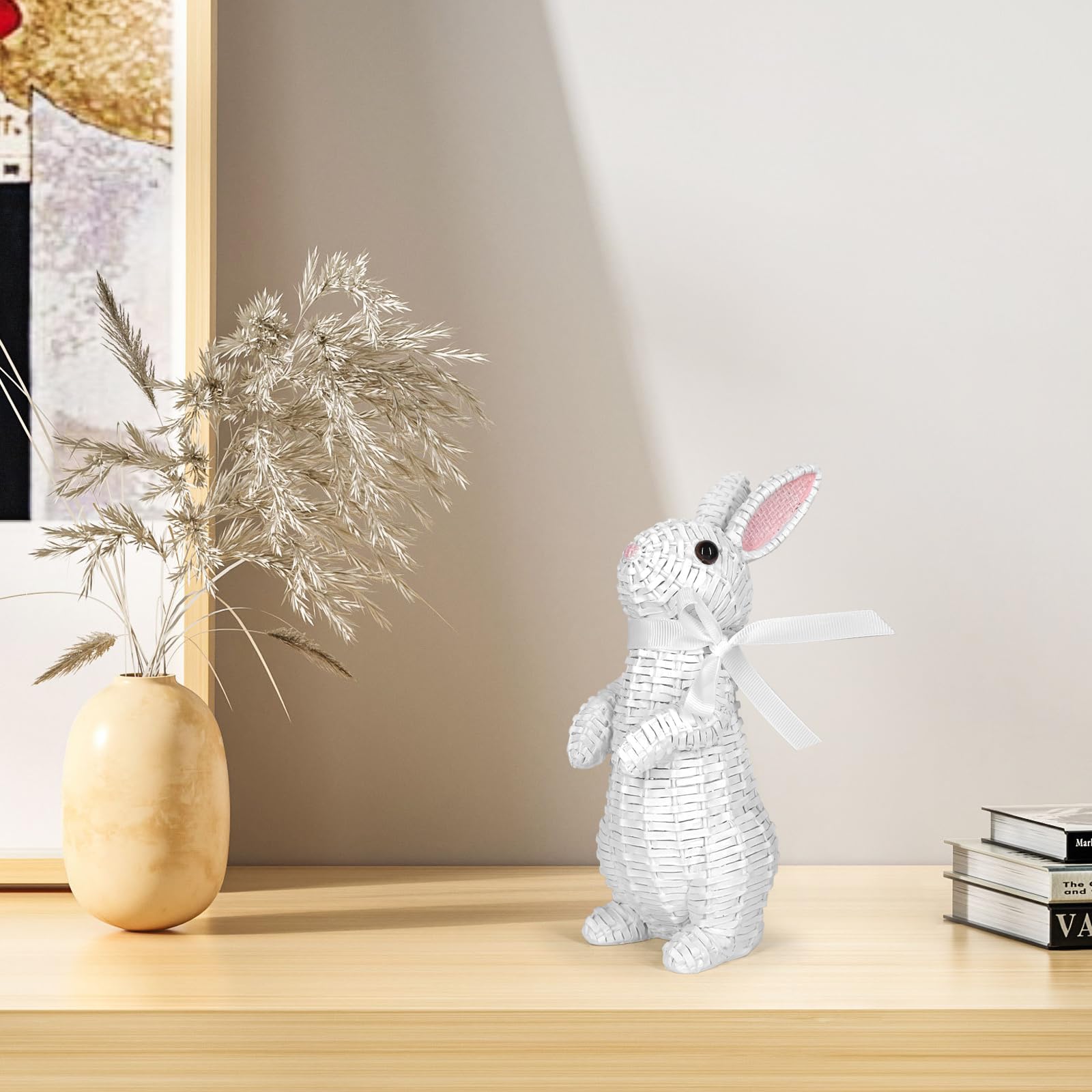 MicoSim Rattan Effect Resin Bunny Easter Decor,Table Rabbit Easter Decorations,Spring Bunnies Decoration Statue Figurine for Home Farmhouse(White, Stand) - Image 5