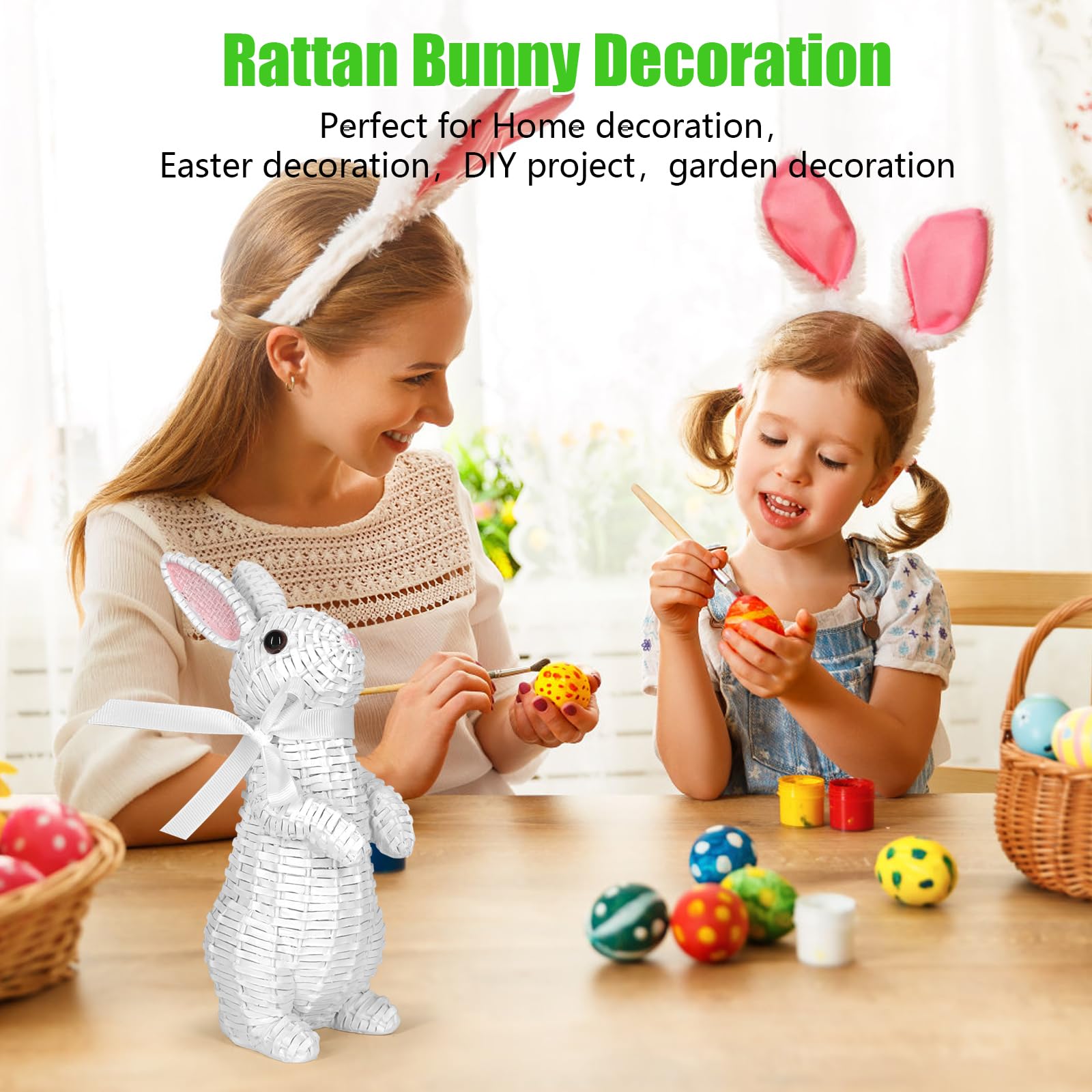 MicoSim Rattan Effect Resin Bunny Easter Decor,Table Rabbit Easter Decorations,Spring Bunnies Decoration Statue Figurine for Home Farmhouse(White, Stand) - Image 6