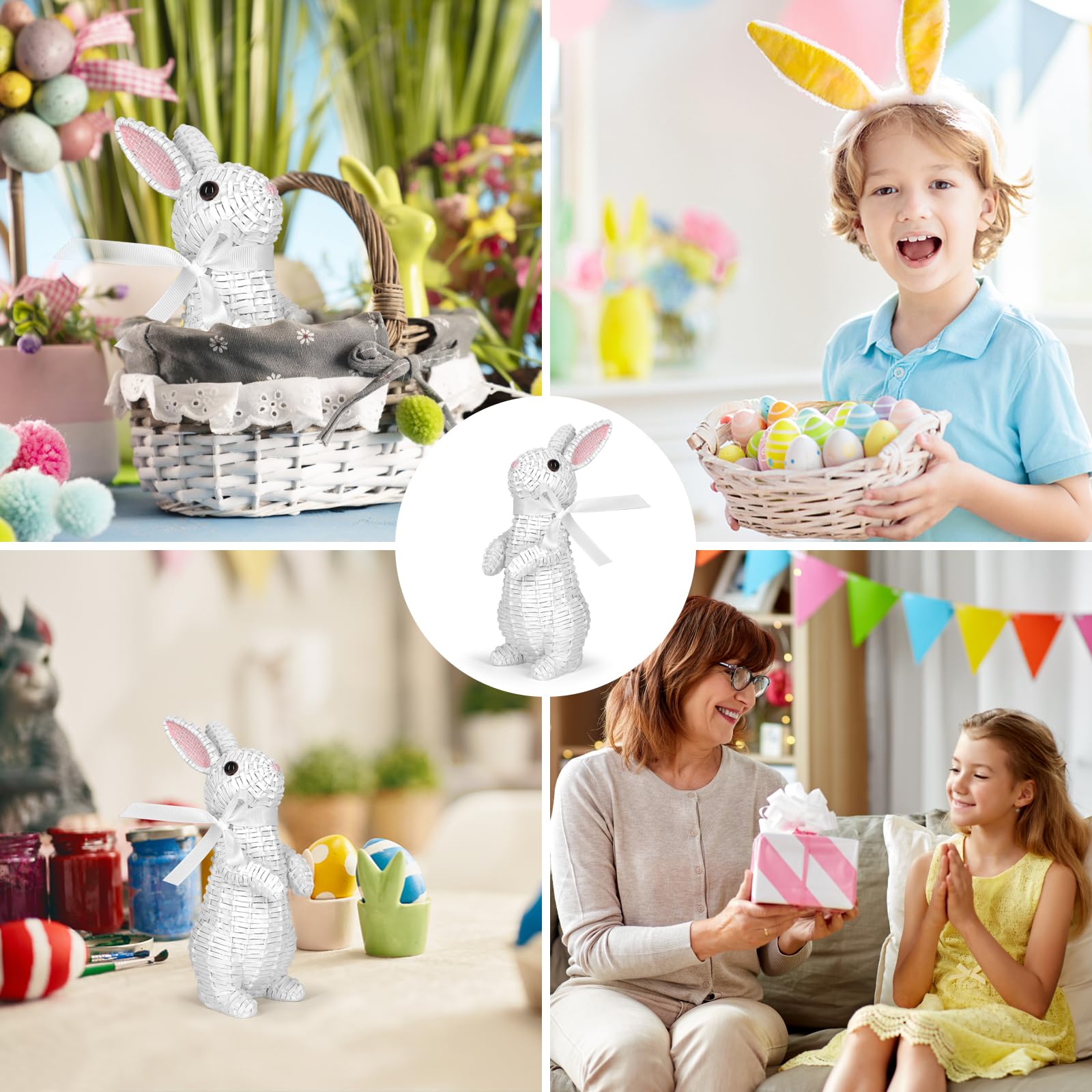 MicoSim Rattan Effect Resin Bunny Easter Decor,Table Rabbit Easter Decorations,Spring Bunnies Decoration Statue Figurine for Home Farmhouse(White, Stand) - Image 7